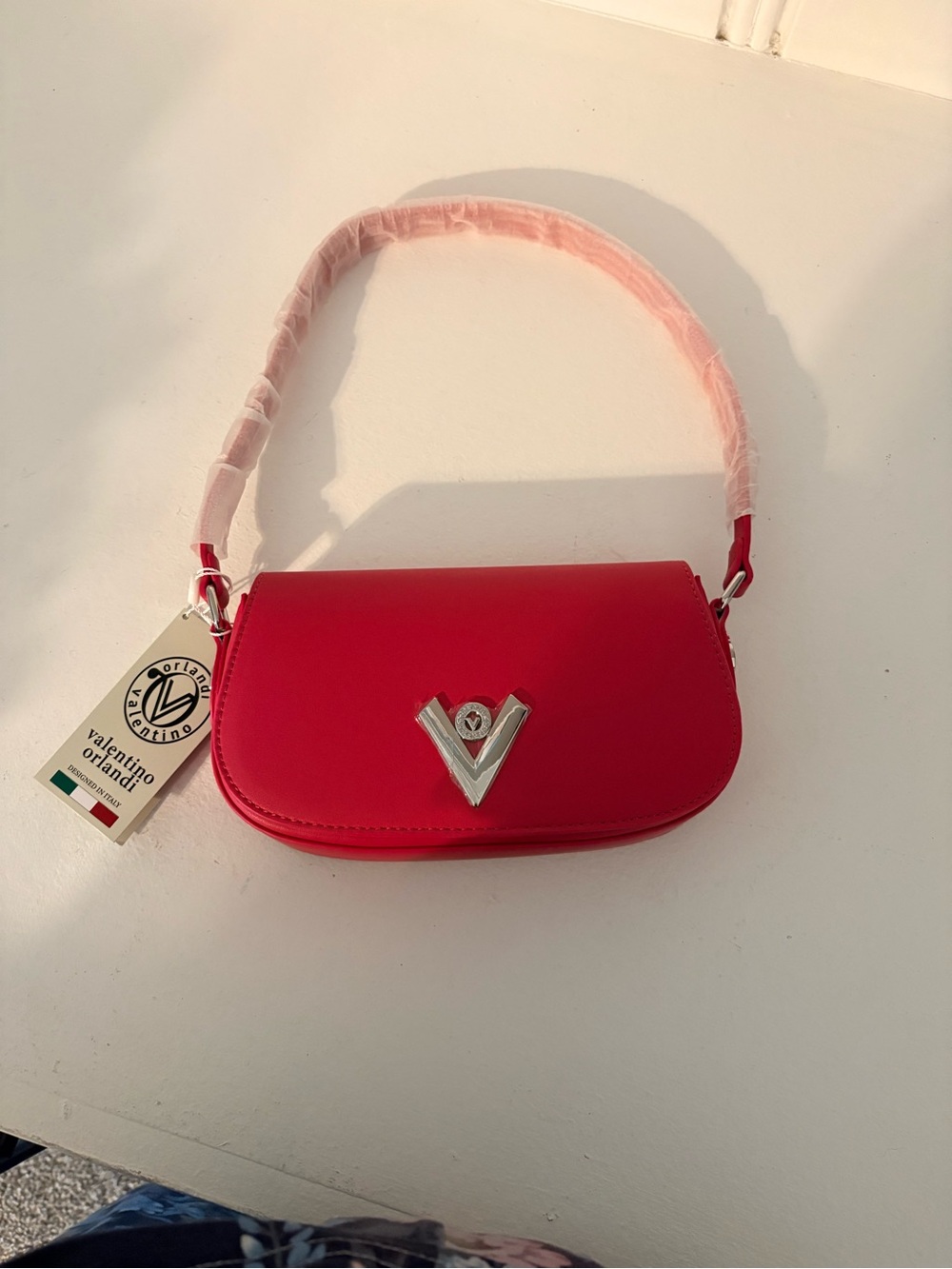 Valentino Orlandi Pink Leather Mini Shoulder Bag with Silver V Emblem